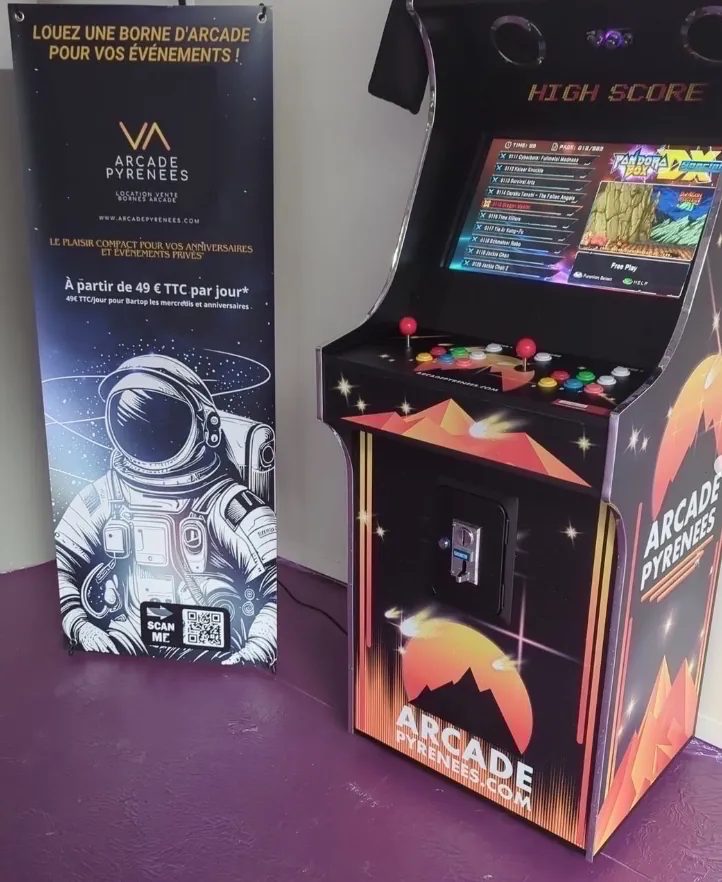 Borne arcade XL multijeux installée lors d’un événement